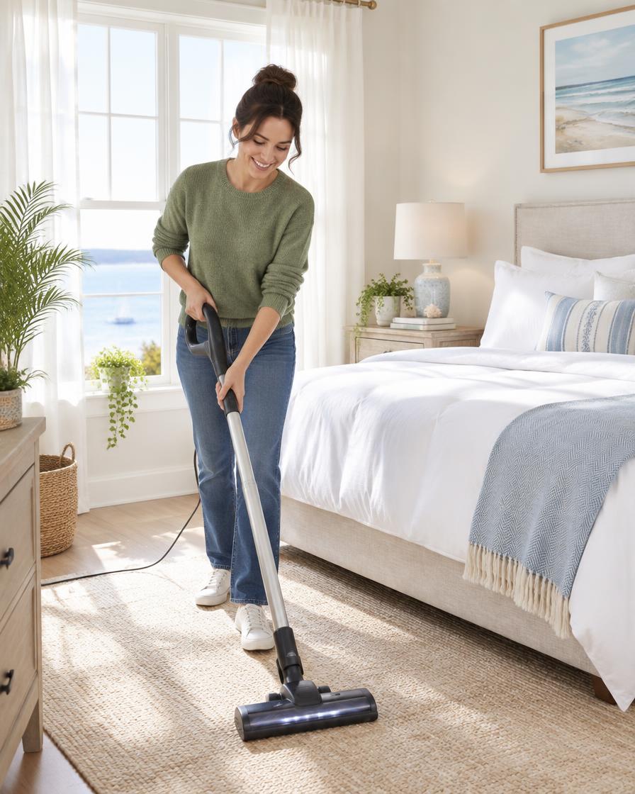 Housekeeper vacuuming a bright bedroom with a made bed
