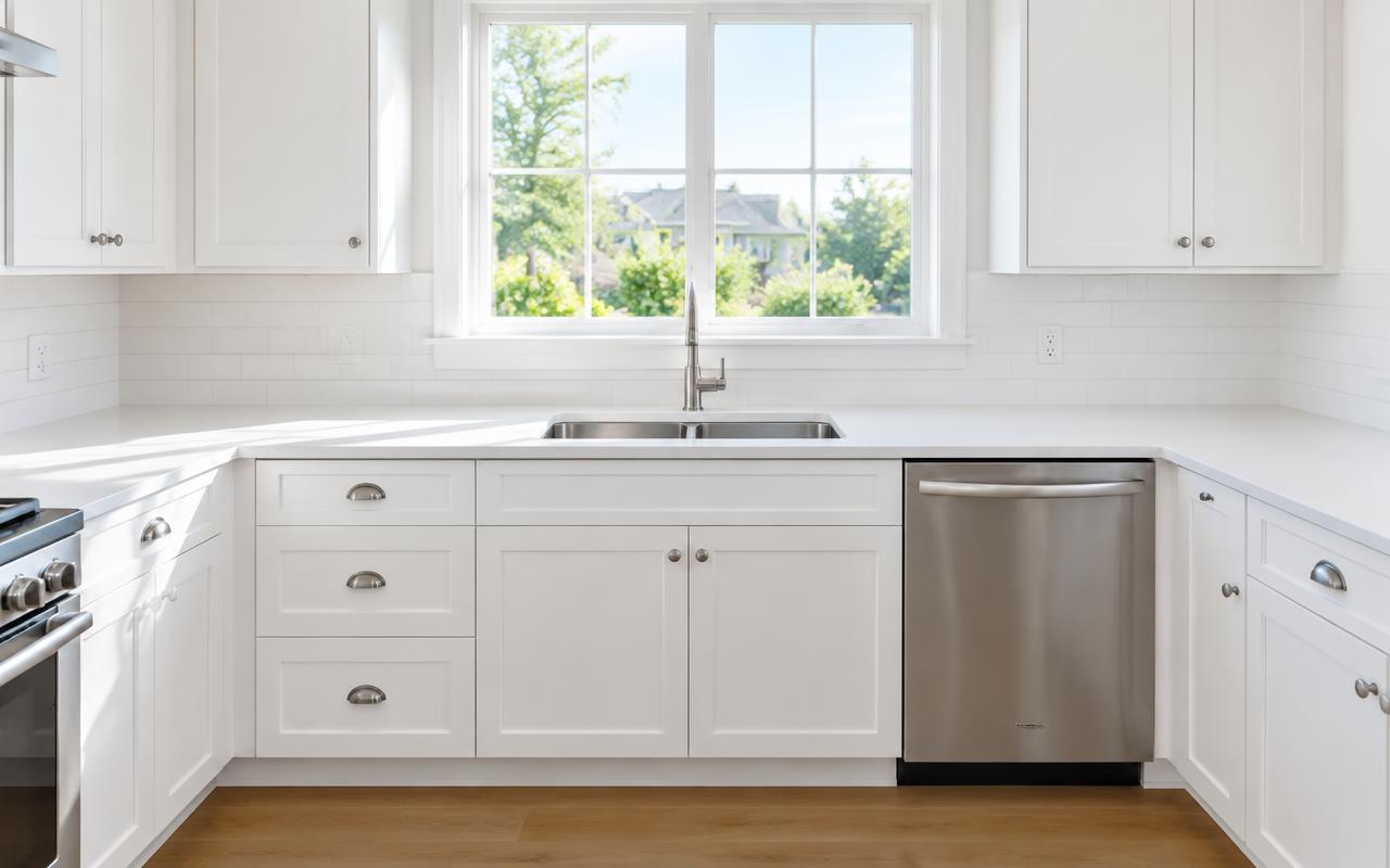 The same kitchen after cleaning, with clear, shining counters
