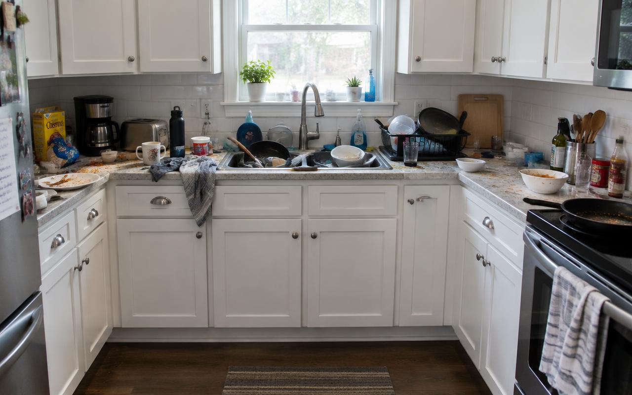 A cluttered kitchen before cleaning