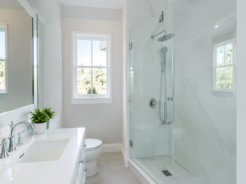 Spotless white bathroom with a gleaming glass shower